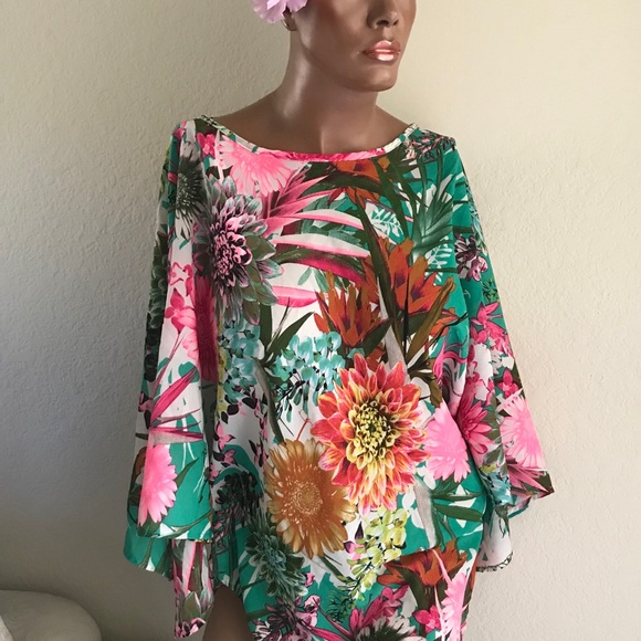 SALE!  BLACK BEAD Tropical Floral Print Asymetric Blouse S - Picture 2 of 9